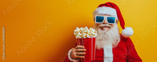 Santa Claus, wearing 3D glasses, enjoys a bucket of popcorn on a bright yellow background. Perfect for promoting Christmas movies, holiday-themed events, and creative festive content.