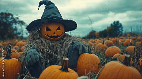 Strach na wróble o upiornym wyglądzie spogląda na pole pełne pomarańczowych dyń, jego przerażająca sylwetka wpisuje się w tajemniczy klimat Halloween.