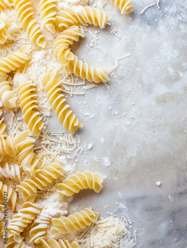 Fresh uncooked fusilli pasta scattered on a rustic surface, garnished with grated cheese, ready for delicious meal preparation.