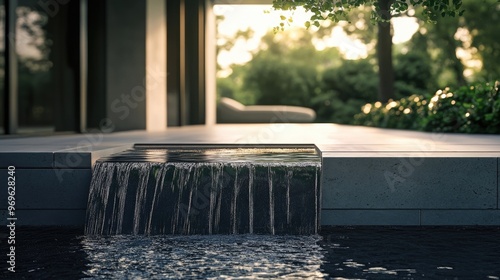 A minimalist outdoor water feature with a sleek design and a calming sound, adding a touch of tranquility to your outdoor space