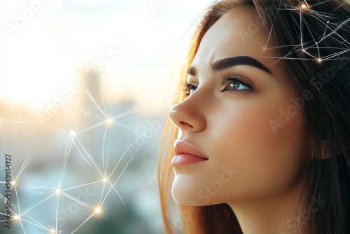 Synaptic integration brain connectivity gravity lensing synaptic pruning and entropy modulation woman gazing into the distance with glowing neural networks surrounding her face in soft light