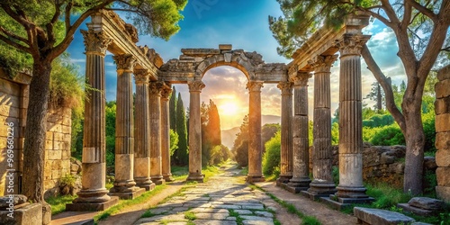 Ancient archways and worn stone pave the way to a crumbling temple amidst lush verdure and towering trees in sun-kissed Mediterranean tranquility.