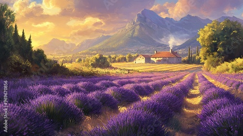 A sun-drenched field of lavender with a distant farmhouse and mountains in the background