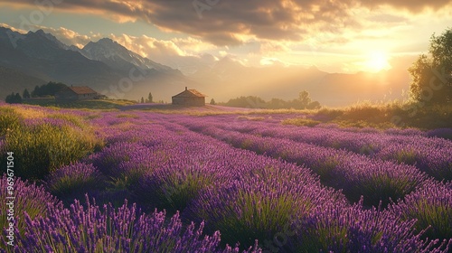 A sun-drenched field of lavender with a distant farmhouse and mountains in the background