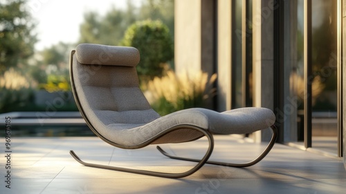 A modern outdoor lounge chair with a curved backrest and a comfortable cushion, perfect for relaxing in the sun