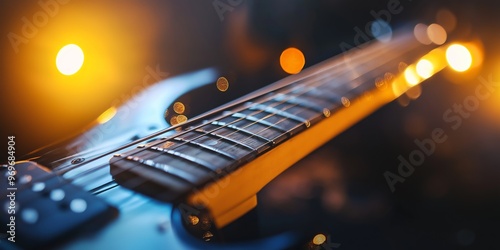 A detailed close-up photograph of an electric guitar focusing on the strings and fretboard, beautifully lit by warm lights.