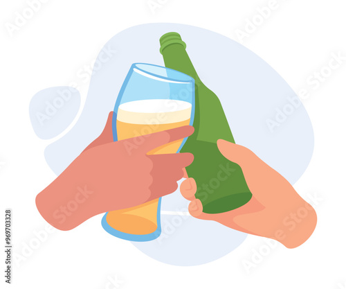 Glass with Beer Drink in Hands Clinking Together Vector Illustration