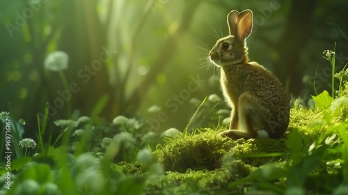 Side view of a rabbit sitting calmly on a grassy field, with soft sunlight highlighting its fur and the surrounding greenery