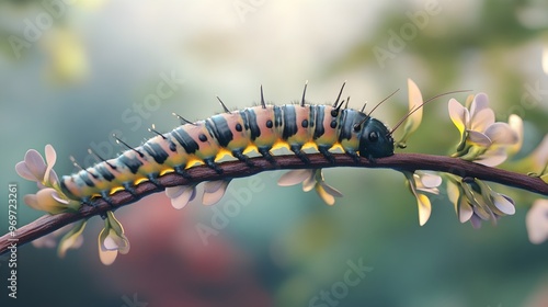 A realistic depiction of a caterpillar crawling along a twig, with a soft-focus background that highlights its details and color