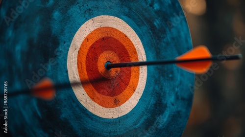 An arrow is firmly embedded in the middle of a vibrant target, showcasing a perfect shot during an afternoon archery practice in a peaceful outdoor environment