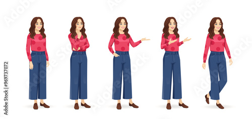 Young beautiful woman with curly hair standing half turn view different poses set. Standing, showing, talking, thinking and walking. Isolated vector illustration.