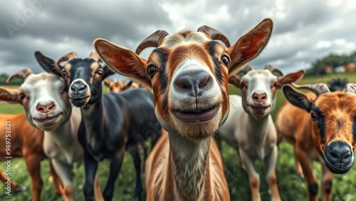 Grupo de cabras amigables en un campo abierto. Representa el éxito de la ganadería. 