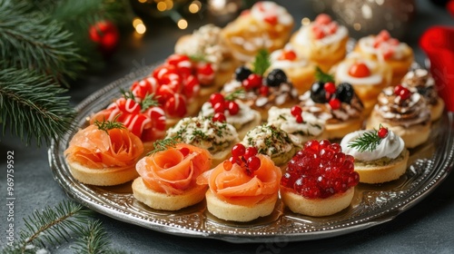 christmas-themed canapes with festive toppings on silver trays- perfect holiday appetizers concept for party banner