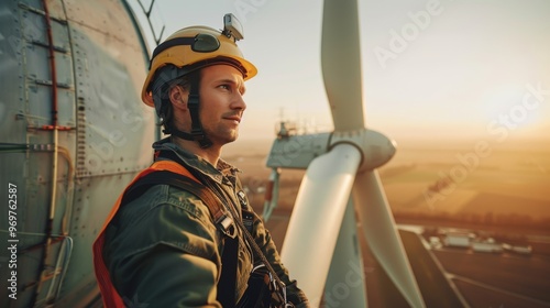 Technician inspecting wind turbine at sunset, focused on safety and renewable energy production, highlighting clean energy technology