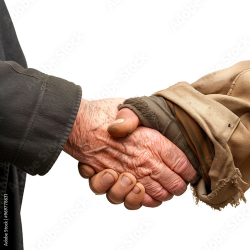 Handshake between two elderly people in work clothes, isolated on a transparent background. Symbolizes hard work, support, and respect between workers. Suitable for themes of cooperation and trust.