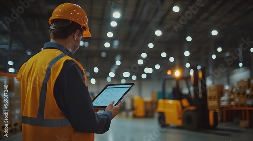 Supervisor Holding Tablet in Busy Warehouse A large warehouse supervisor uses a tablet to check inventory while forklifts move in the background.