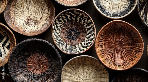  A cluster of interwoven baskets positioned together atop a wooden table, adjacent to a wall