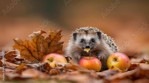 Hedgehog in lush meadow grass surrounded by fallen apples promoting wildlife conservation in autumn