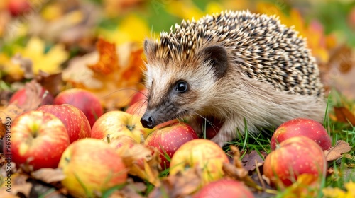 Hedgehog foraging in green meadow grass among fallen apples, promoting natural wildlife gardening