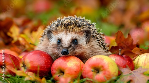 Hedgehog in green grass with fallen apples in autumn, promoting wildlife conservation efforts