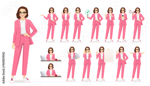 Big set of casual beautiful business woman wearing pale pink suit in different poses. Various gestures female character standing and sitting at the desk isolated vector illustration