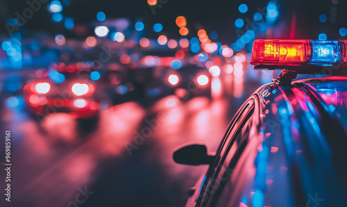 Police vehicle with lights close up with night time traffic blurred background 