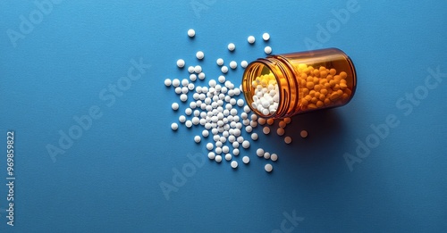 Colorful homeopathic pellets spilled from an amber bottle on a blue background