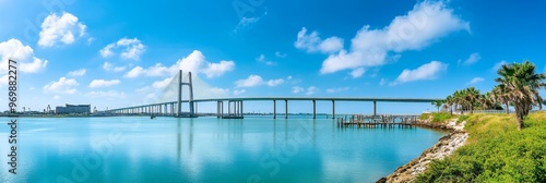 A panoramic view of the Corpus Christi Harbor Bridge in Texas, USA. The bridge stretches across the blue water with a backdrop of blue sky and white clouds. Palm trees line the shore, creating a pictu