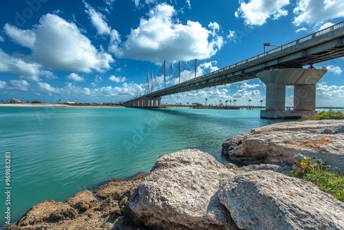 A picturesque view of the Harbor Bridge in Corpus Christi, Texas, with clear blue skies and white clouds. The bridge spans a tranquil body of water, and the scene is framed by large rocks and lush gre