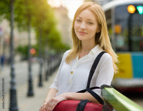 Kobieta na przystanku czeka na tramwaj autobus