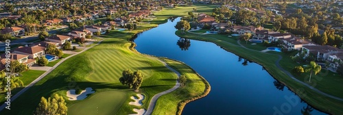 An aerial view showcasing a pristine golf course with winding waterways, surrounded by luxurious homes in a tranquil setting. The image embodies luxury, leisure, and natural beauty.