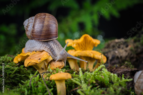 garden snail on moss in forest with mushroom