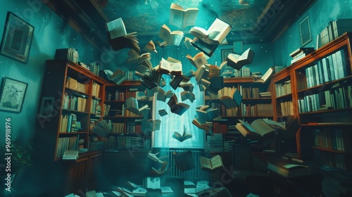 An enchanting library scene with floating books, creating a magical and immersive literary atmosphere.