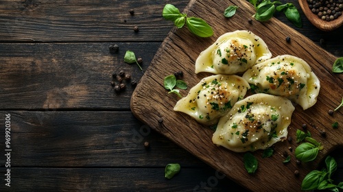 Top View of Freshly Made Pierogies on a Wooden Cutting Board, Pierogies, Dumplings, Polish Food