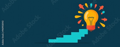 Light bulb with ascending steps, representing gradual growth through ideas, flat design illustration with copyspace