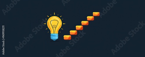 Light bulb with ascending steps, representing gradual growth through ideas, flat design illustration with copyspace