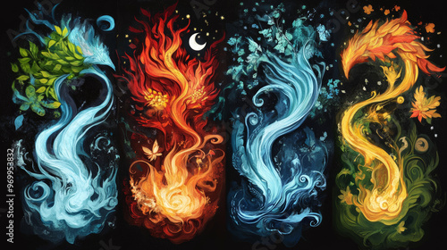 Include representations of the four elements associated with the zodiac signs--Fire,Earth, Air, and Water. Show how these elements correspond to the different signs and influence their characteristics