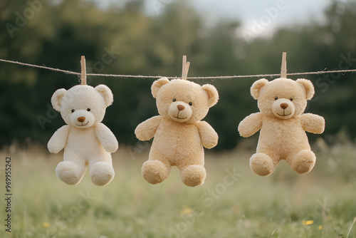 Teddy Bears Hanging from Clothesline, Cute and Whimsical Stuffed Animal Display