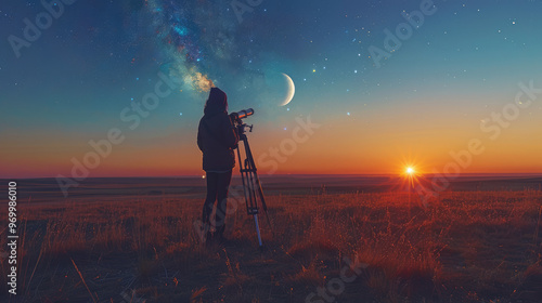 An astronomer observing the night sky with a telescope, stars and planets visible in the background