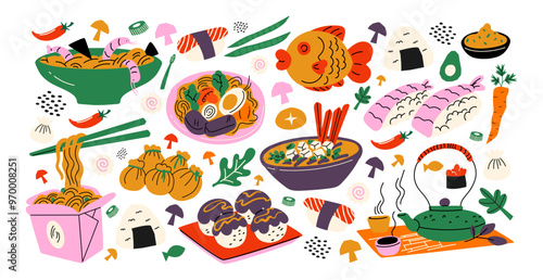 Asian cuisine cartoon set of stickers in retro 90s style. Food, dishes, ramen, noodles, sushi, traditional dishes. Japanese cafe bar restaurant. Vector shapes of national East Asian Japanese and Chine