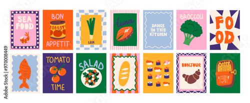 Abstract food posters for the kitchen. Culinary compositions in cartoon trendy style of Matisse. Decor for kitchens, cafes and restaurants. Minimalist banners for wall decor, prints, wallpaper.