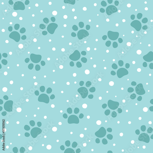 PrintPet paw seamless pattern. Vector illustration with cat or dog paw on blue background. It can be used for wallpapers, wrapping, cards, patterns for clothes and other.