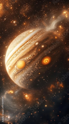 hyperrealistic render of jupiter floating in space intricate details of swirling gas bands the great red spot and atmospheric storms stars and distant galaxies visible in the background