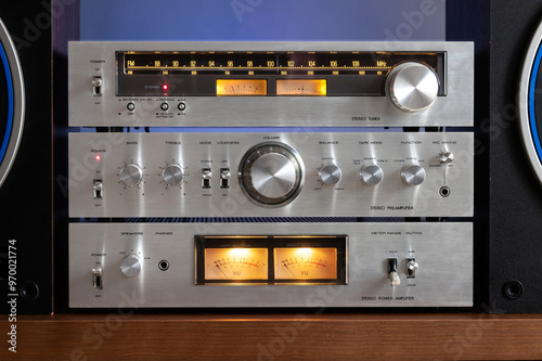 Vintage Audio Stereo Gear Separate Components System Setup, Tuner, pre-Amplifier, Power Amplifier. Metal Front Panel Closeup