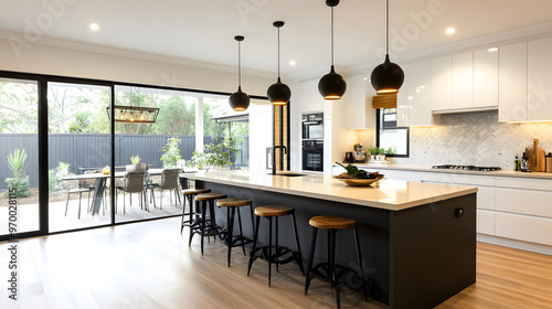 A modern kitchen island with bar stools and pendant lighting.