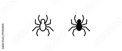 Spider Black Widow. Black bug spider silhouette, isolated white background. Scary Halloween icon, symbol horror, animal arachnid, creepy dangerous insect, arachnophobia fear.