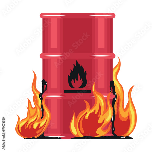 Oil barrel on fire. Fire from flammable materials. Danger of fire, explosion, release of toxic gases and potential for spills. Industrial accident due to mishandling of flammable materials