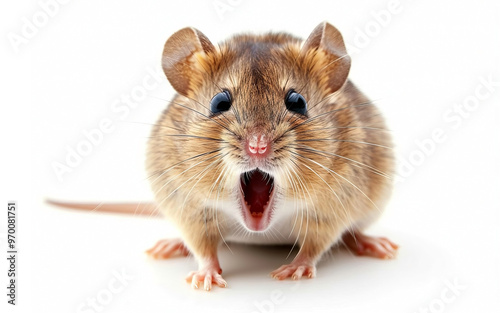 Funny shocked mouse with open mouth on isolated white background. Big discounts, surprise, news, lottery concept. Generated AI