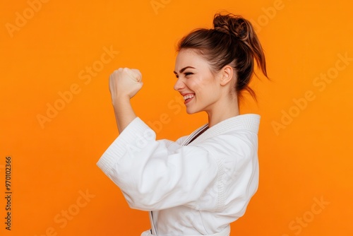 Side profile photo of happy woman practicing karate isolated on orange background