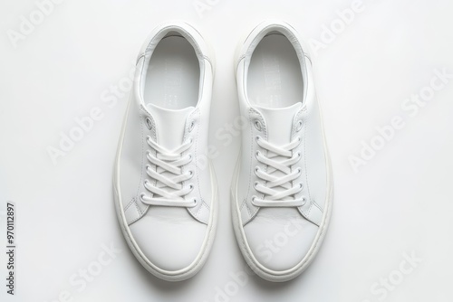 Two white sneakers for men on white background seen from above